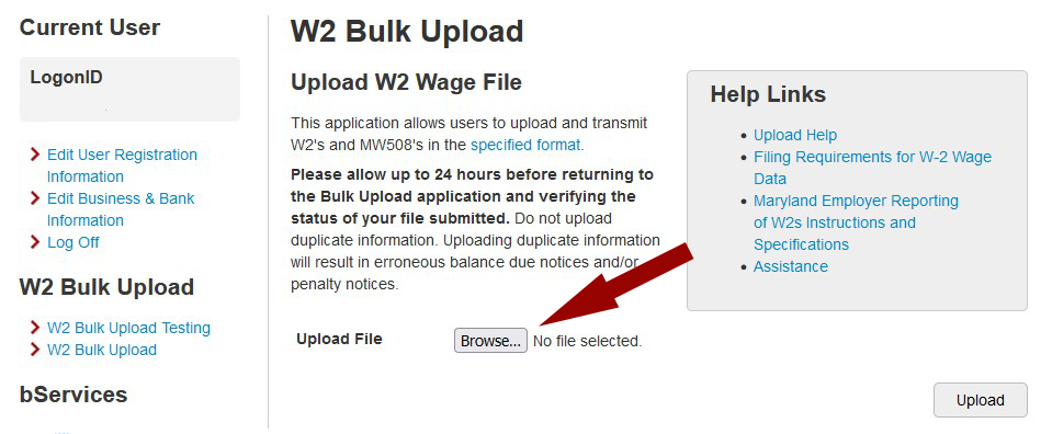 W2 Bulk Upload screen